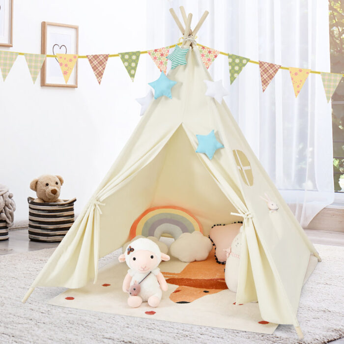 Costway+47''+W+x+47''+D+Indoor+_+Outdoor+Pine+Wood,+Cotton+Canvas+Triangular+Play+Tent (1)