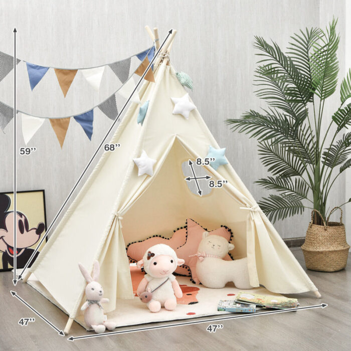 Costway+47''+W+x+47''+D+Indoor+_+Outdoor+Pine+Wood,+Cotton+Canvas+Triangular+Play+Tent (2)