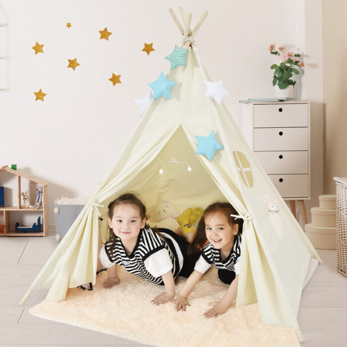 Costway+47''+W+x+47''+D+Indoor+_+Outdoor+Pine+Wood,+Cotton+Canvas+Triangular+Play+Tent