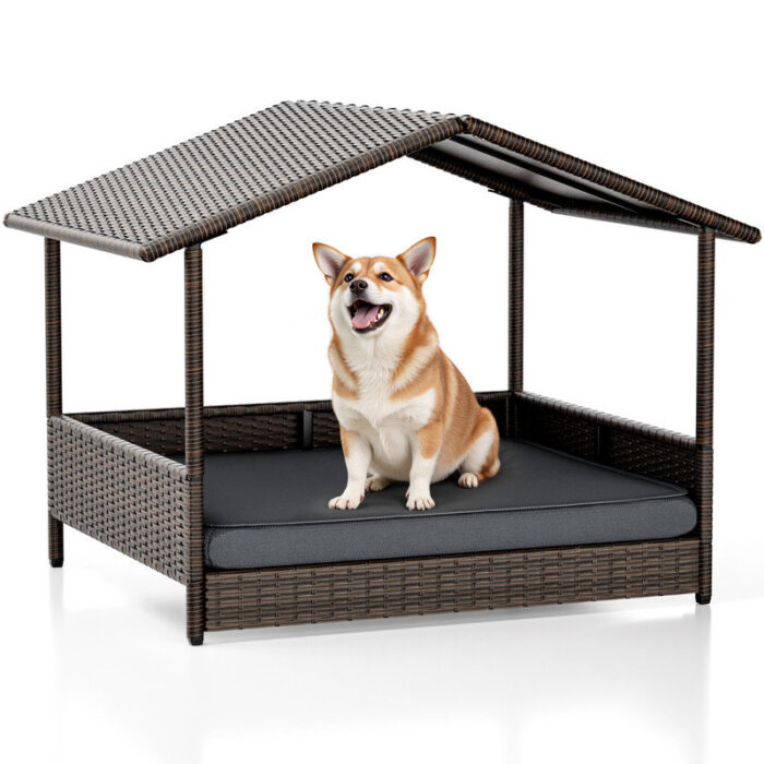 Outdoor&Indoor+Rattan+Dog+Bed+with+Removable+Cushion+Dog+House+with+Canopy+Raised+Dog+Bed+for+Small,+Medium+Dogs-255276166