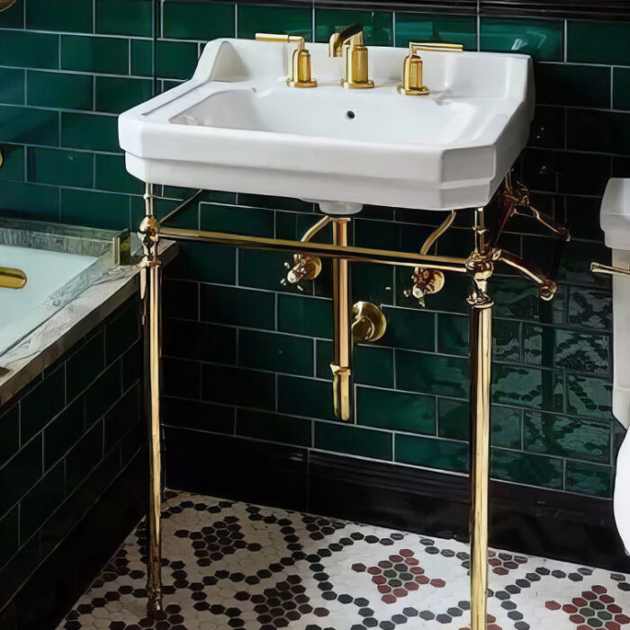 Whitehaus+Collection+23_+Console+with+Integrated+Rectangular+Bowl,+Brass+Leg+Support+and+Side+Towel+Bar